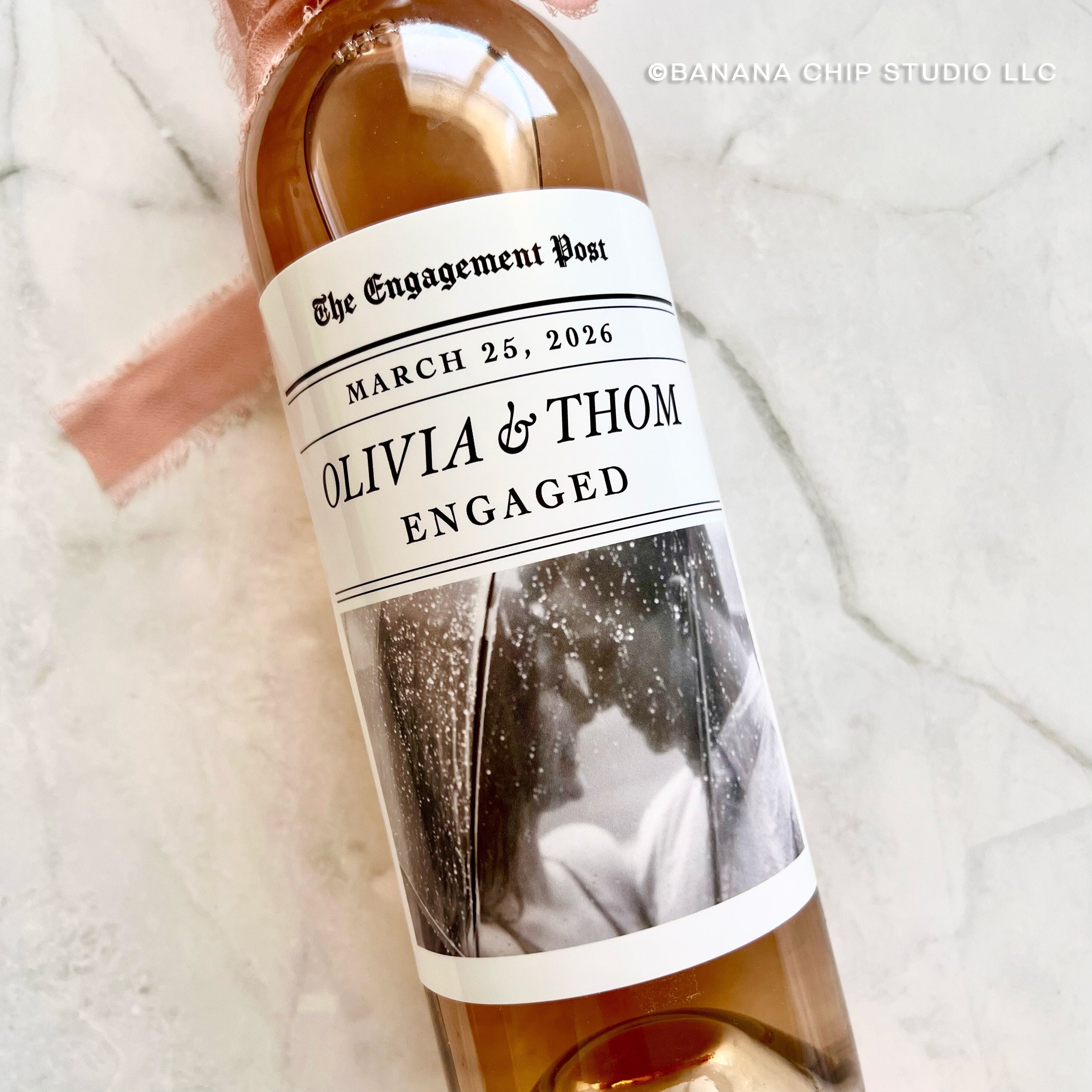 Custom photo engagement  label, Engagement Gifts for Couple, Newly Engaged Gifts for Couple, Engagement Champagne, engagement Newspaper