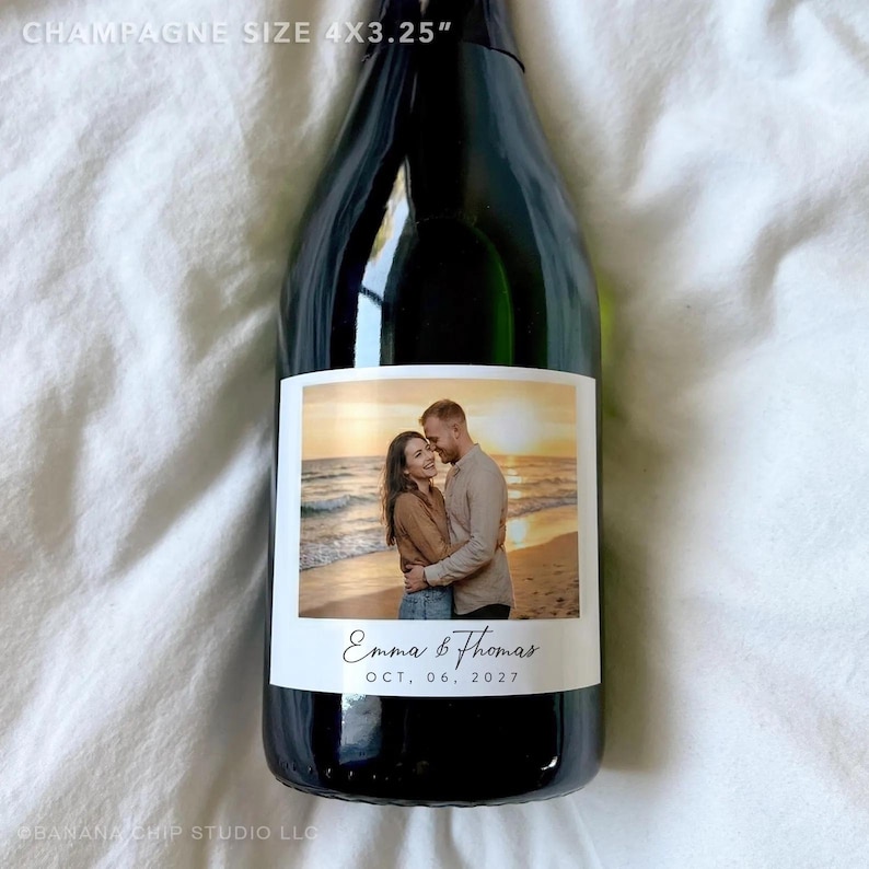Custom Photo Wine Label - Newly engaged couple, birthday favors Champagne 4.25x3.25
