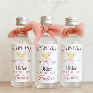 Puede incluir: Tres botellas de vidrio peque&ntilde;as con tapas plateadas y lazos rosas. Cada botella tiene una etiqueta que dice "A Tini Bit" con una ilustraci&oacute;n de martini, la palabra "Older", "Happy Birthday" y el nombre "Nadine". Las botellas son para un cumplea&ntilde;os.