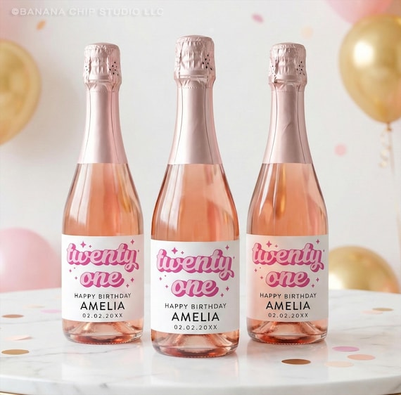 Custom 21st Birthday Champagne Label: Pink Party Gift