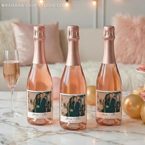 Custom Photo Wine Label - Newly engaged couple, birthday favors Mini Champagne 3.2x2