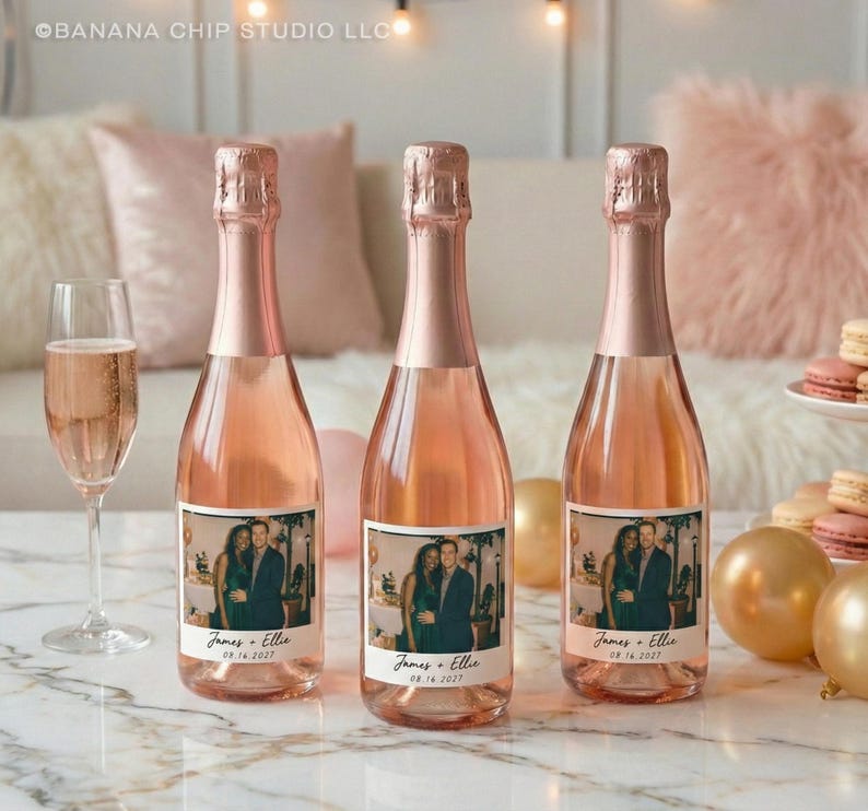 Custom Photo Wine Label - Newly engaged couple, birthday favors Mini Champagne 3.2x2