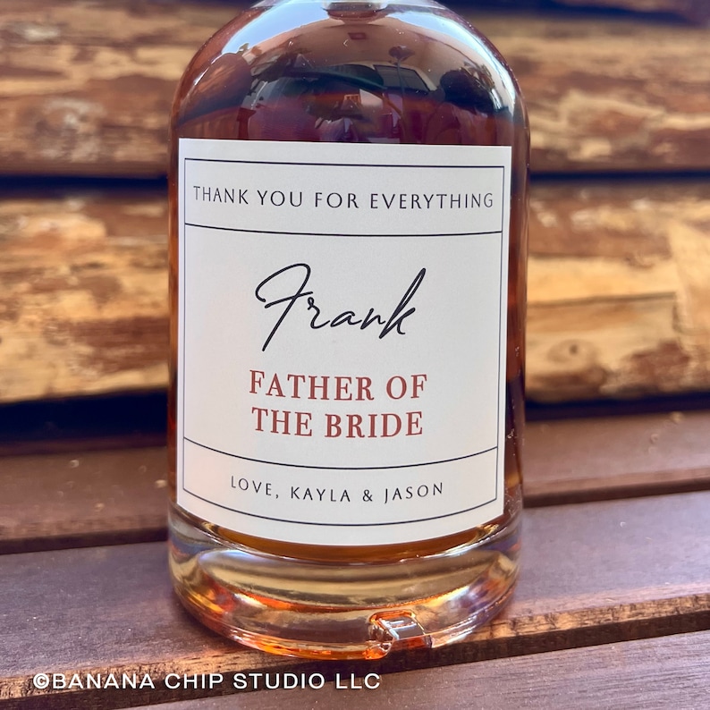 Father of the Groom whiskey gift, Father of the Bride Gift, Wedding thank you gift, Son and daughter gifts for parents, custom liquor label image 2