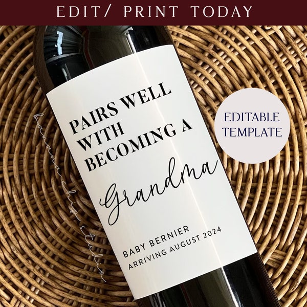 Modifiable se marie bien avec Devenir grand-mère, Cadeau d’annonce de bébé, Cadeau des parents de grossesse, Étiquettes de vin d’annonce de bébé, Cadeau pour tante