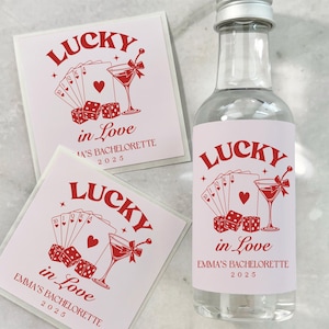 Custom Lucky in Love Vegas Bachelorette favors, Mini Shot Labels, Bach Weekend, Martini Bachelorette party weekend, Bride in a tini bit