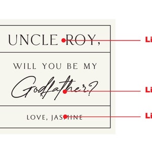 May include: A cream-coloured card with black text. The text reads "UNCLE ROY, WILL YOU BE MY Godfather? LOVE, JASMINE". The word "Godfather?" is written in a cursive script.