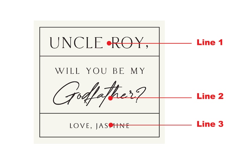 May include: A cream-coloured card with black text. The text reads "UNCLE ROY, WILL YOU BE MY Godfather? LOVE, JASMINE". The word "Godfather?" is written in a cursive script.