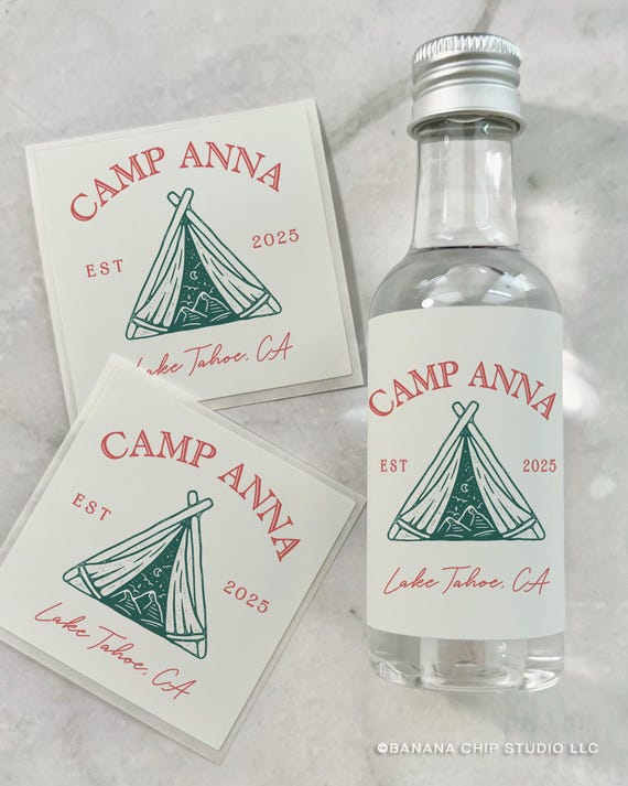 Custom Camp Bachelorette Mini Shot Labels: Personalized Bridal Party Favors