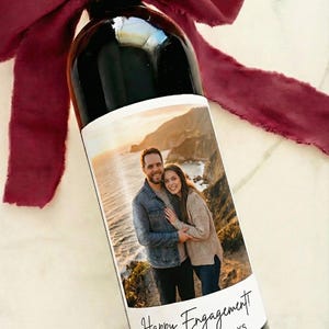 Custom Photo Wine Label - Newly engaged couple, birthday favors Bordeaux Wine 4x5