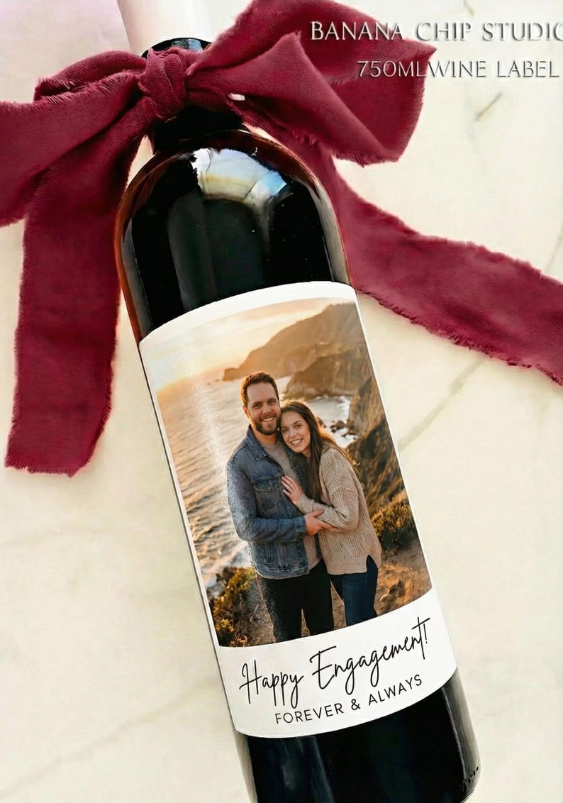 Custom Photo Wine Label - Newly engaged couple, birthday favors Bordeaux Wine 4x5