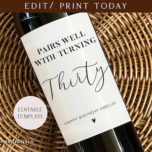 Printable Thirty Birthday wine label - Custom 30th Birthday Gifts, Happy Birthday Wine Labels - Funny wine labels - 30th gift - Funny gift