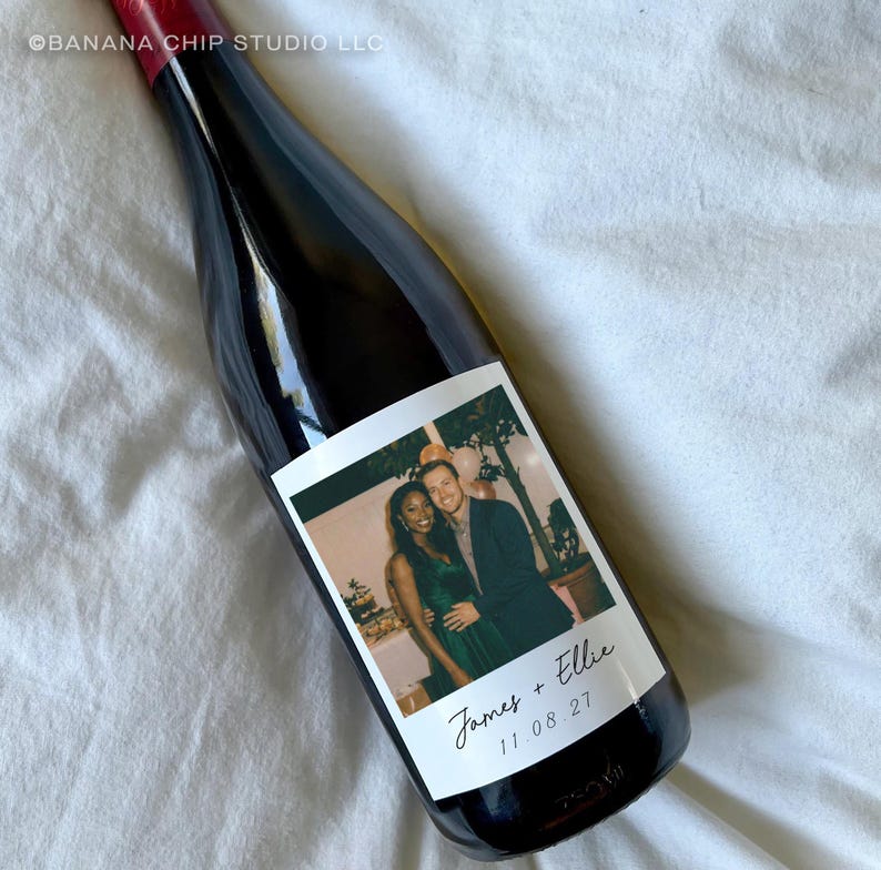 Custom Photo Wine Label - Newly engaged couple, birthday favors Burgundy Wine 3.5x4