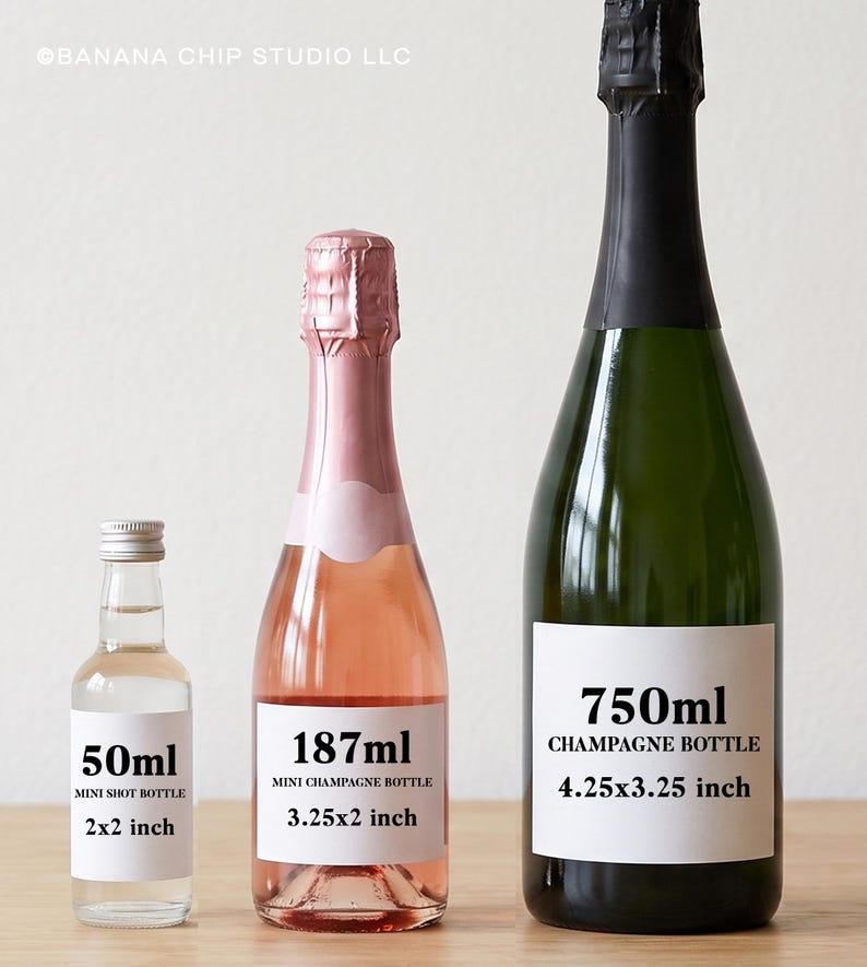 May include: Three bottles of varying sizes: a 50ml clear mini shot bottle with a 2x2 inch label, a 187ml pink mini champagne bottle with a 3.25x2 inch label, and a 750ml dark green champagne bottle with a 4.25x3.25 inch label. Text reads BANANA CHIP STUDIO LLC.