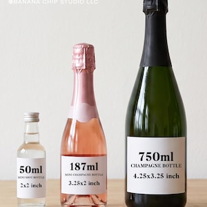 May include: Three bottles of varying sizes: a 50ml clear mini shot bottle with a 2x2 inch label, a 187ml pink mini champagne bottle with a 3.25x2 inch label, and a 750ml dark green champagne bottle with a 4.25x3.25 inch label. Text reads BANANA CHIP STUDIO LLC.