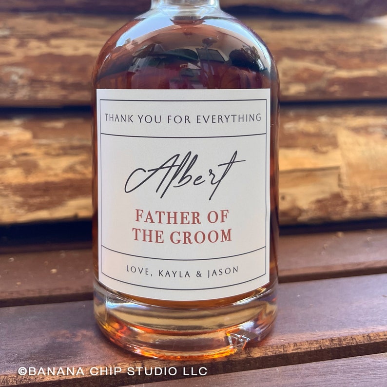 Father of the Groom whiskey gift, Father of the Bride Gift, Wedding thank you gift, Son and daughter gifts for parents, custom liquor label image 1