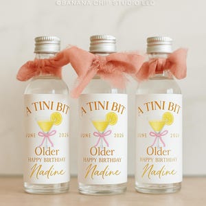 Puede incluir: Tres botellas de vidrio transparente con tapas plateadas, cada una adornada con una cinta color melocot&oacute;n. Las etiquetas dicen "A Tini Bit" con una ilustraci&oacute;n de c&oacute;ctel, el nombre "Nadine" y "Feliz Cumplea&ntilde;os". Para un cumplea&ntilde;os en junio de 2026.