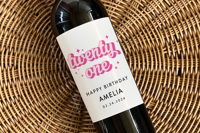 Custom 21st Birthday Champagne Label: Pink Party Gift Bordeaux Wine 4x5
