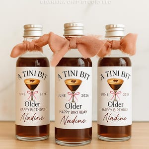 Puede incluir: Tres peque&ntilde;as botellas de vidrio llenas de un l&iacute;quido oscuro, cada una con una tapa plateada y una cinta color melocot&oacute;n atada alrededor del cuello. Las etiquetas dicen "A TINI BIT" con una ilustraci&oacute;n de copa de martini, "Junio 2026", "Older Happy Birthday Nadine".