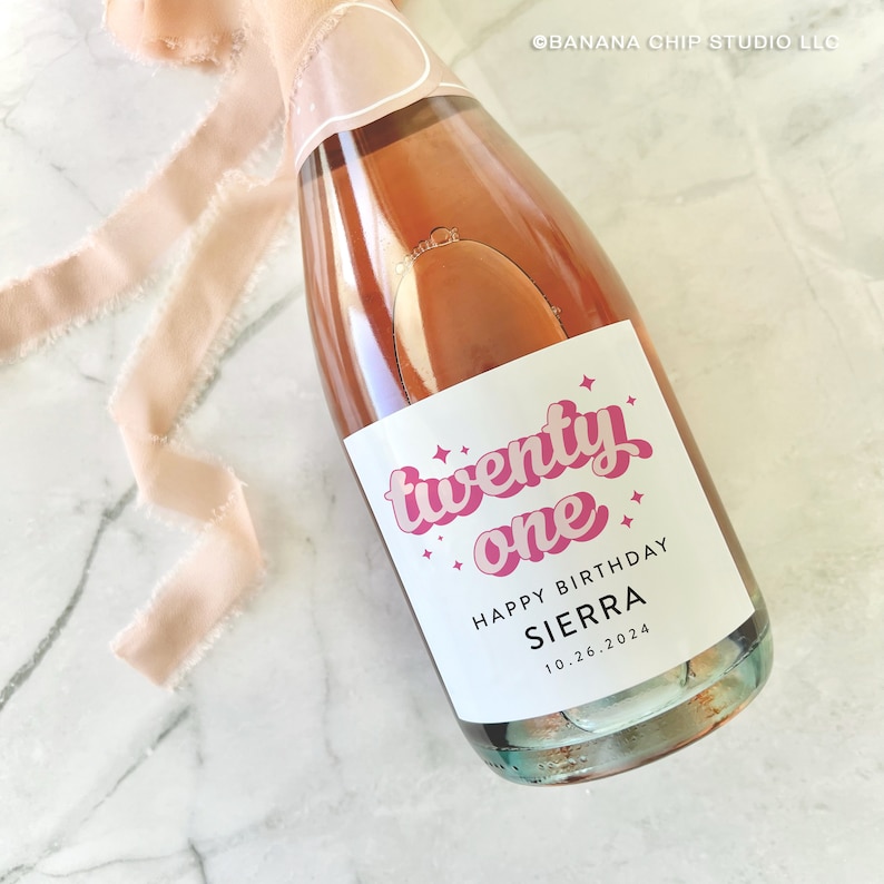 Custom 21st Birthday Champagne Label: Pink Party Gift Champagne 4.25x3.25