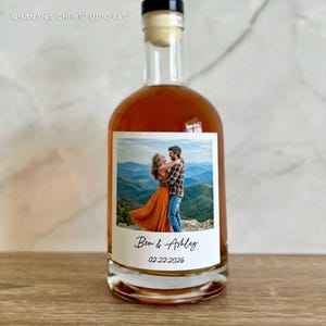 Custom Photo Wine Label - Newly engaged couple, birthday favors 750ml Whiskey 4x3.5