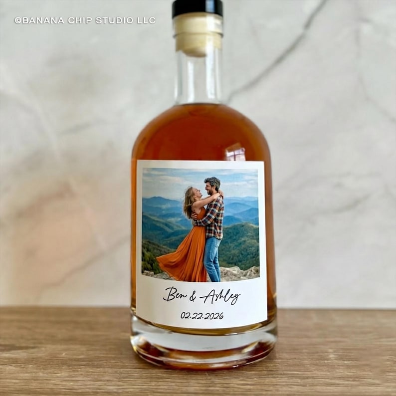 Custom Photo Wine Label - Newly engaged couple, birthday favors 750ml Whiskey 4x3.5