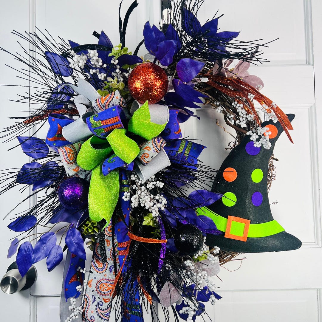 Halloween Witch Hat Wreath for Front Door, Fall Porch Decor, Halloween ...