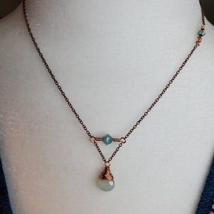Exquisite Handcrafted Gemstone Necklace. Minimalist design copper jewelry. Chalcedony drop. Swarovski bicones. &quot;Willow&quot;&quot;
