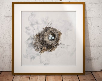 Impresión artística en acuarela de nido de petirrojo: decoración otoñal de estilo rústico (descarga digital)