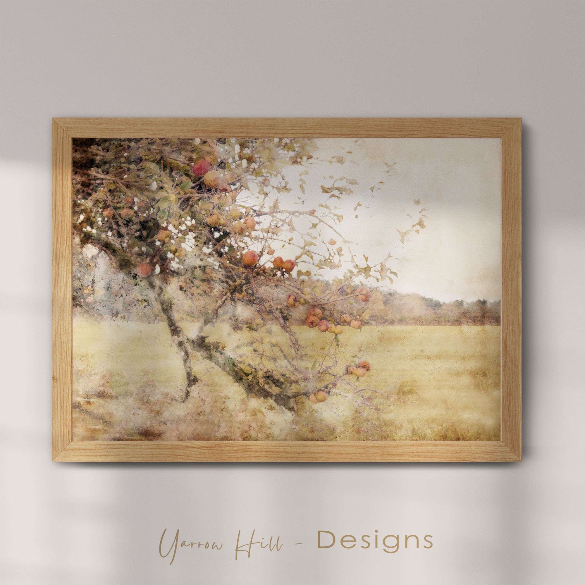 Apple Tree in Field, Fall Watercolor Landscape Painting, Printable Wall ...