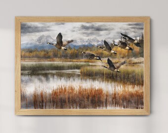 Pintura de gansos canadienses: Paisaje de lago de montaña (Descarga digital)