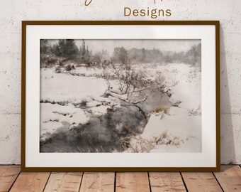 Winter Stream In Snowy Field, Watercolor Landscape Painting, Wall Decor Digital Print, Beautiful Art, Downloadable Printable Artwork