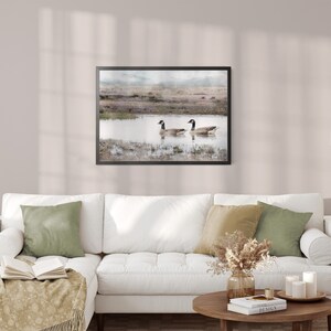 living room wall art decor of two Canadian geese, Canada goose swimming on pond or lake watercolor painting downloadable print