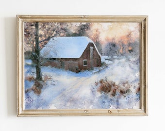 Snow Covered Barn On Winter's Day, Watercolor Landscape Painting, Wall Decor Digital Print, Beautiful Art, Downloadable Printable Artwork