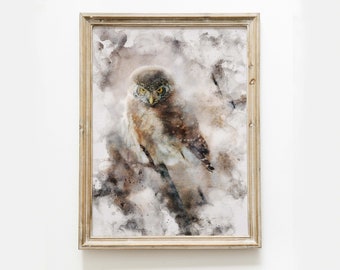Owl Art, Wildlife Owl Watercolor Painting, Wall Art Decor Print, Downloadable Wall Art, Brown Owl Print