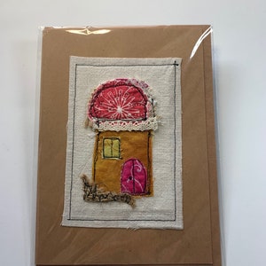 Carte d'art en tissu fait main | Carte de voeux vierge Art textile maison | Carte de pendaison de crémaillère | Bienvenue dans votre nouvelle maison | Art de carte de voeux | Carte fantaisiste