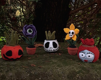 Halloween Crochet PATTERN Set 5 in 1, Halloween fake plants, Halloween decor PDF pattern