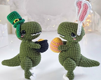 Crochet Dino PATTERN Set 2 in 1, Crochet Easter decor, St Patrick's Day PDF pattern