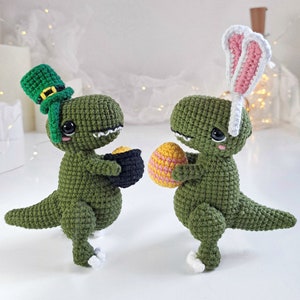 Crochet Dino PATTERN Set 2 in 1, Crochet Easter decor, St Patrick's Day PDF pattern image 1