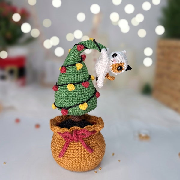 Crochet PATTERN Christmas Tree in a pot with a mini Cat, Amigurumi Christmas decoration, Mini Crochet Christmas tree PDF tutorial