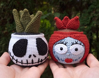 Halloween Crochet PATTERN Set 2 in 1, Skull Succulent, Halloween decor PDF pattern