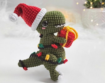 Crochet Christmas Dino PATTERN, Amigurumi T-Rex with crochet garland and gift box PDF pattern