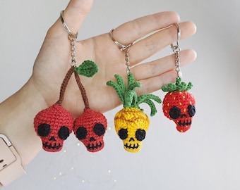 Crochet Fruit Skulls PATTERN 3 in 1, Amigurumi Halloween keychain, Goth skull ornament PDF pattern