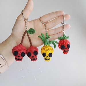 Crochet Fruit Skulls PATTERN 3 in 1, Amigurumi Halloween keychain, Goth skull ornament PDF pattern