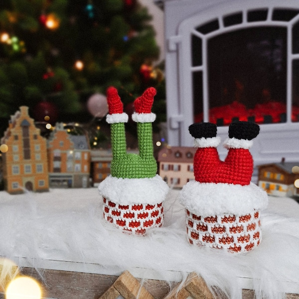 PATRÓN Navidad Crochet Papá Noel en Chimenea, conjunto de patrones 2 en 1, Adorno Elfo Navideño Amigurumi patrón PDF