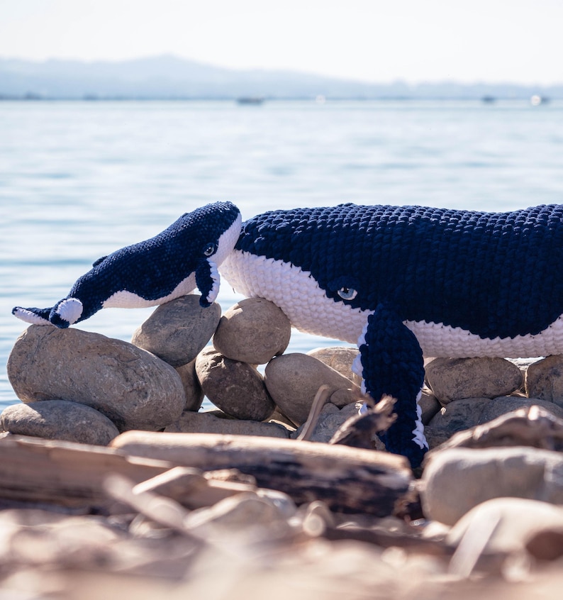 K&ouml;nnte beinhalten: Zwei geh&auml;kelte Wal-Pl&uuml;schtiere, eines gro&szlig; und eines klein, in Marineblau und Wei&szlig;. Die Wale sind auf einem Steinhaufen in der N&auml;he des Wassers positioniert, wobei der gr&ouml;&szlig;ere Wal den Betrachter ansieht. Der kleinere Wal befindet sich daneben.