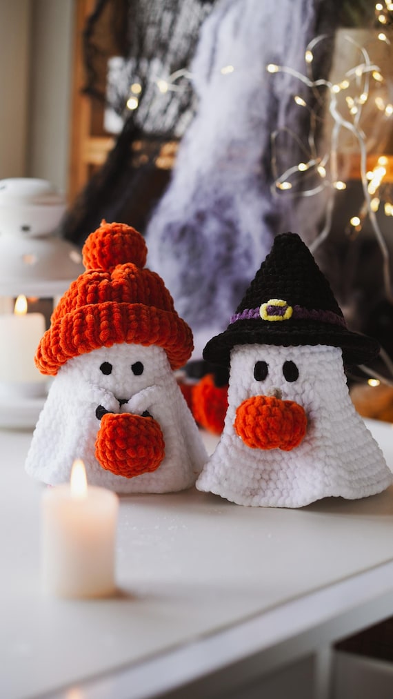 Crochet Ghost PATTERN, Amigurumi Ghost plushie with Crocheted witch hat and beanie, mini pumpkin basket, Crochet Halloween PDF pattern