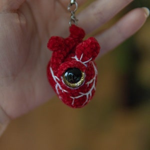 May include: A red crocheted heart with white veins and a black and gold eye. The heart is attached to a black string.