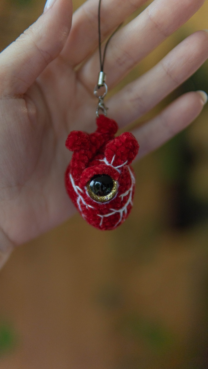 May include: A red crocheted heart with white veins and a black and gold eye. The heart is attached to a black string.