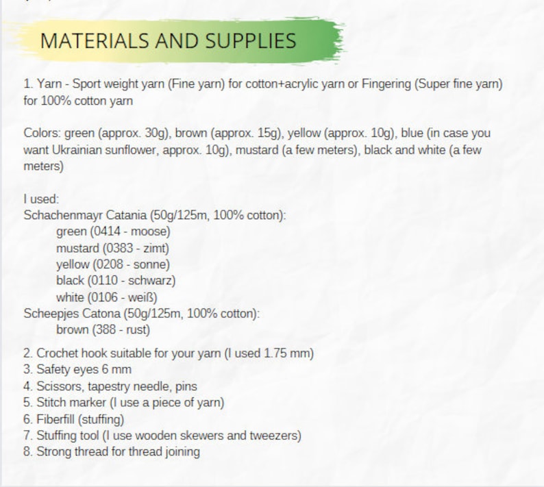 K&ouml;nnte beinhalten: Material- und Zubeh&ouml;rliste zum H&auml;keln eines Stofftieres. Die Liste enth&auml;lt Garn in verschiedenen Farben, eine H&auml;kelnadel, Sicherheitsaugen, Schere, Stopfnadel, Stecknadeln, Maschenmarkierer, F&uuml;llwatte, F&uuml;llwerkzeug und stabilen Faden.