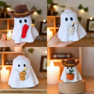 Puede incluir: Cuatro figuras de fantasmas de ganchillo hechas a mano. Cada fantasma blanco tiene ojos negros y está adornado de forma diferente. Uno lleva un sombrero de vaquero marrón y sostiene un palo de dinamita rojo. Otro sostiene una vela.